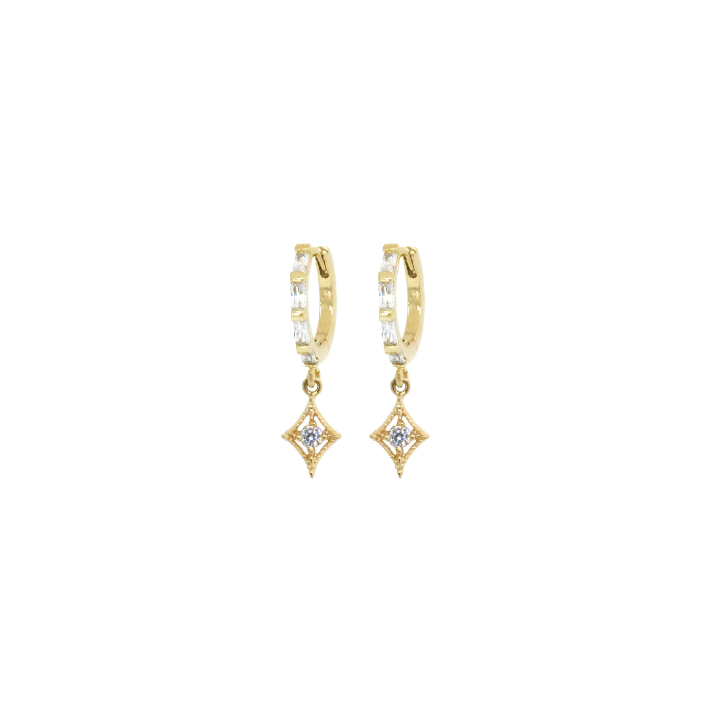 Gold huggie hoop earrings with diamond shape charms